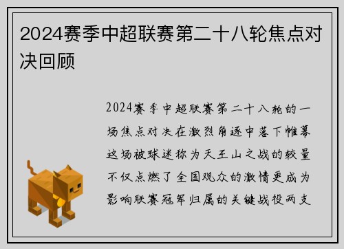 2024赛季中超联赛第二十八轮焦点对决回顾